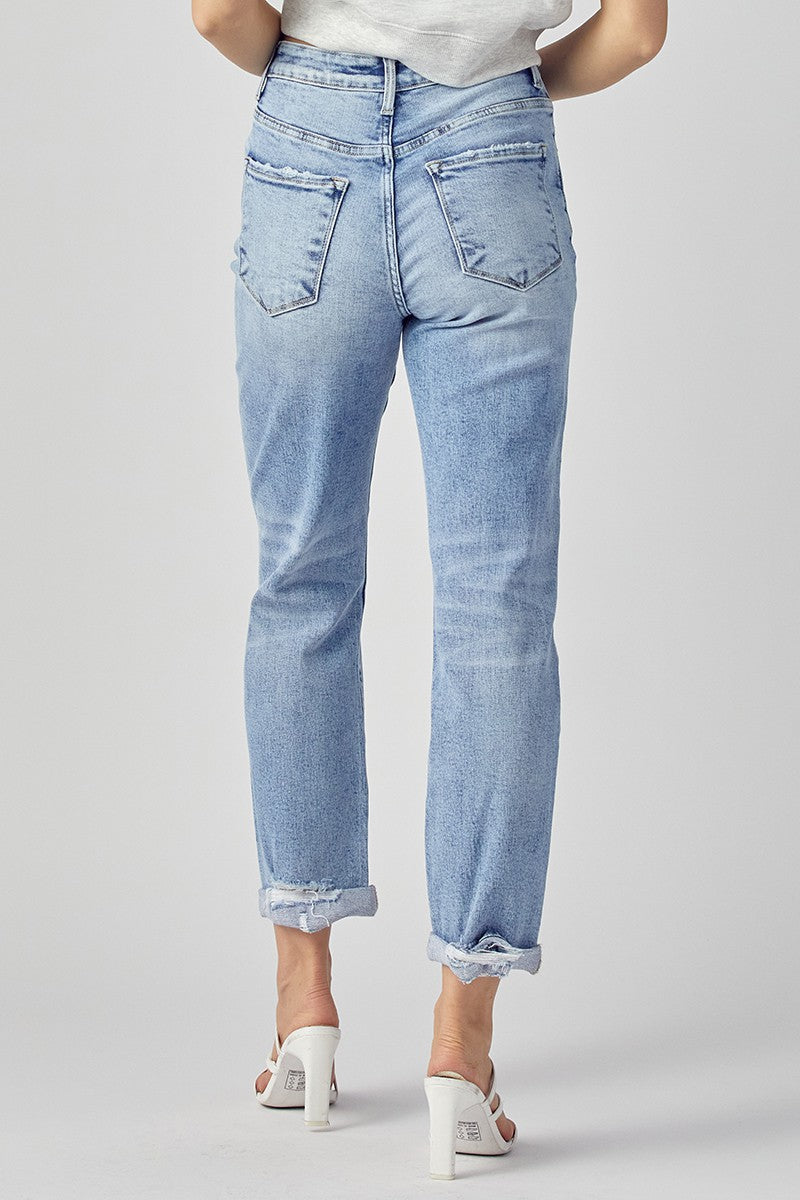 RISEN Distressed Boyfriend Jeans with Rolled Hem