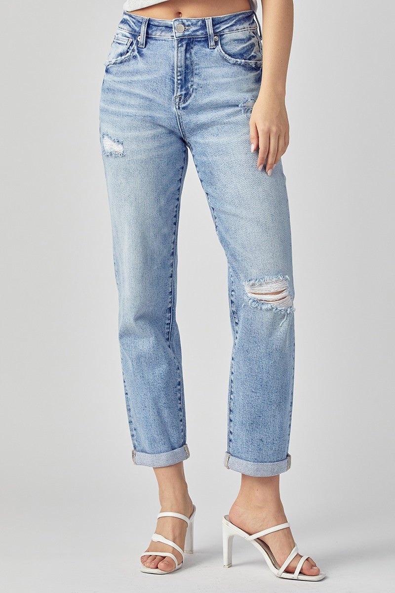 RISEN Distressed Boyfriend Jeans with Rolled Hem