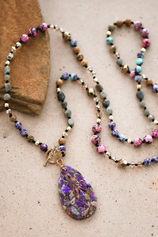 Multi Bead Necklace with Purple Speckled Stone Pendant