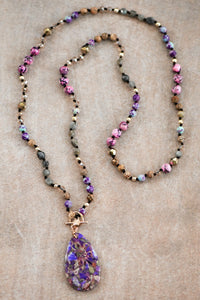 Multi Bead Necklace with Purple Speckled Stone Pendant