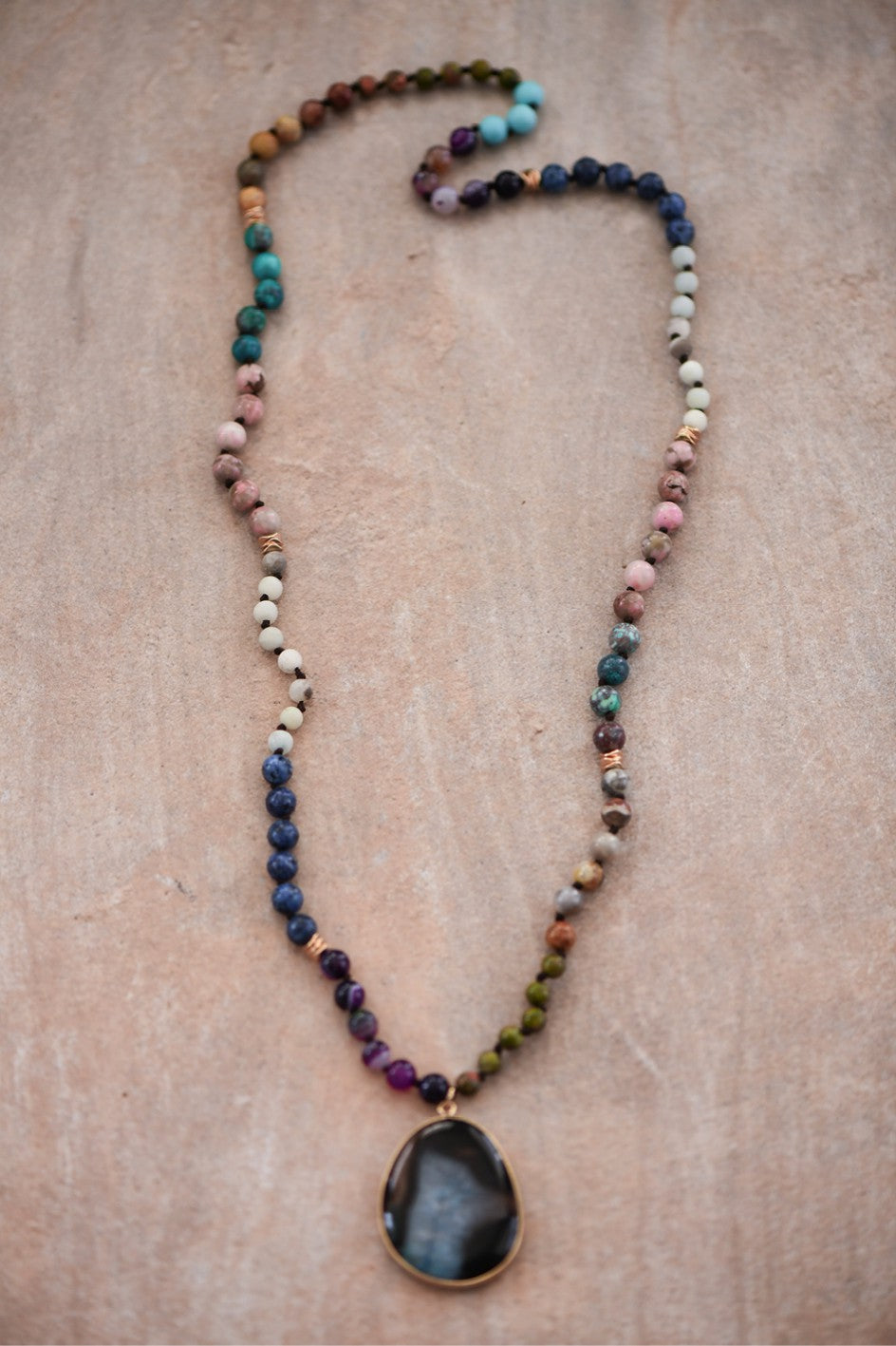 Mixed Bead Necklace with Agate Stone Pendant