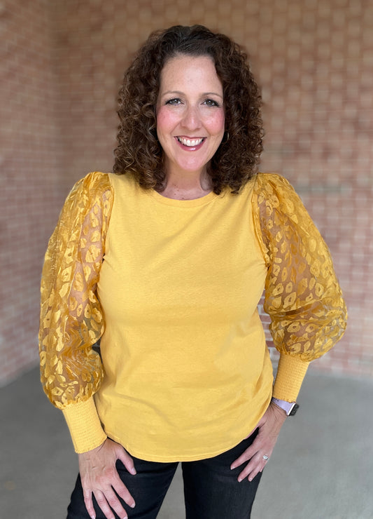 Leopard Burnout Organza Sleeve Top