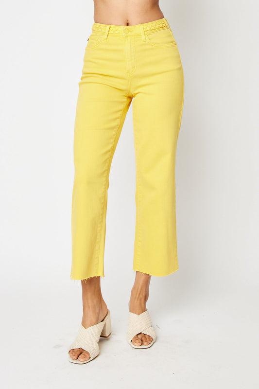 JUDY BLUE Braided Waist Yellow Cropped Jeans