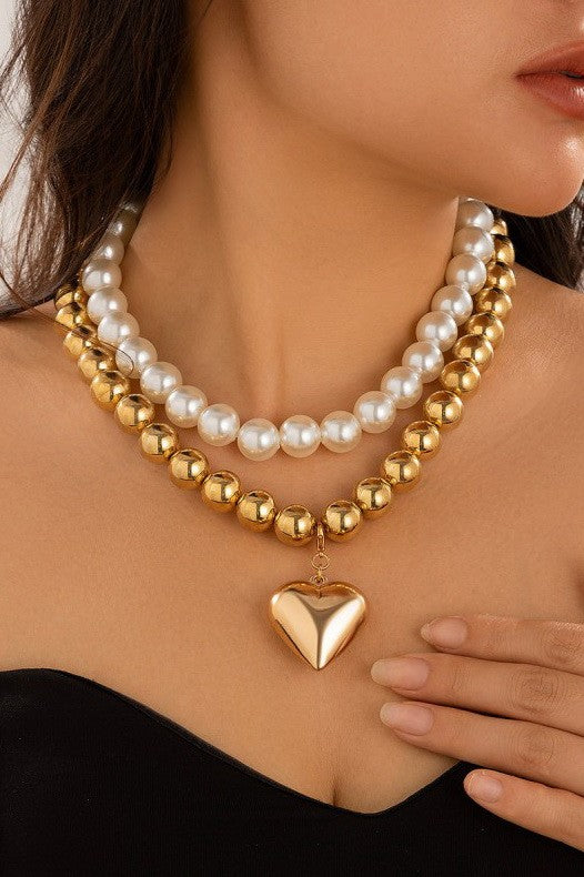 Chunky Gold & Pearl Layered Heart Necklace
