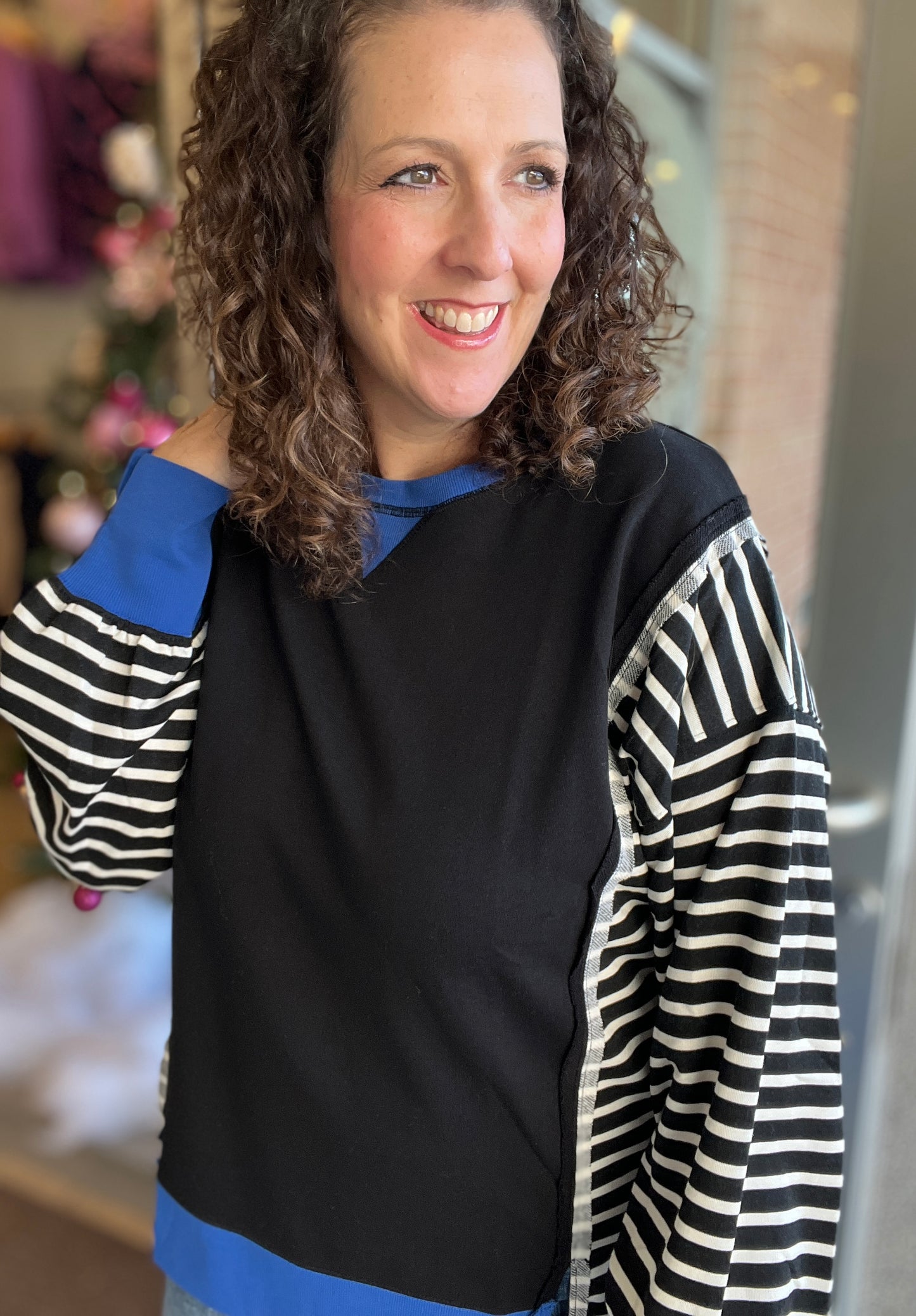 Striped Sleeve Pullover with Contrast Trim