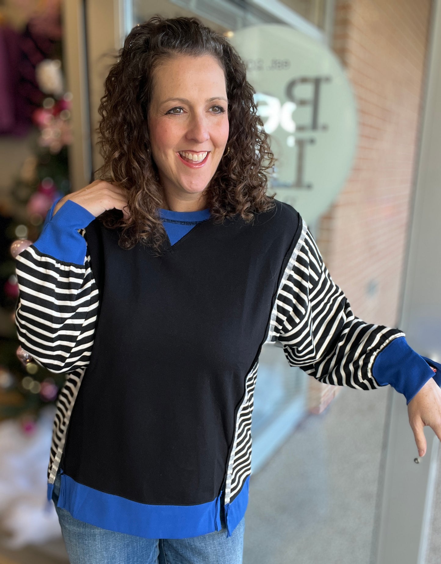Striped Sleeve Pullover with Contrast Trim