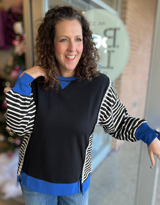 Striped Sleeve Pullover with Contrast Trim