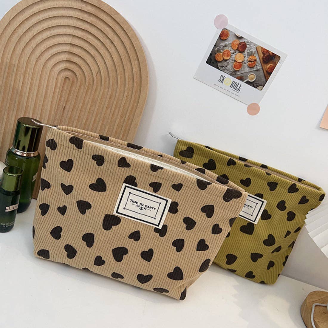 Cosbai - Corduroy Heart Pattern Toiletry Bag: YELLOW
