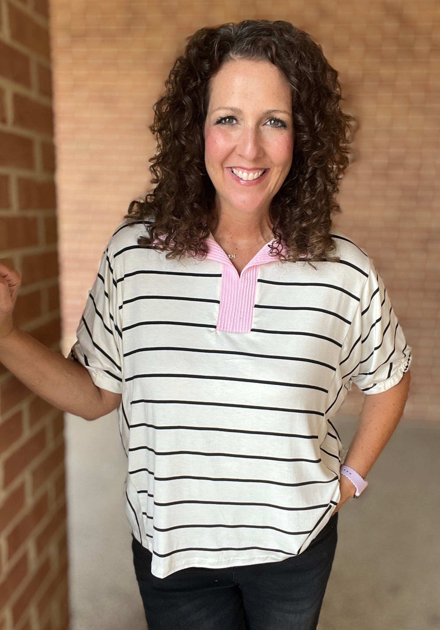 Striped Top with Corded Collar