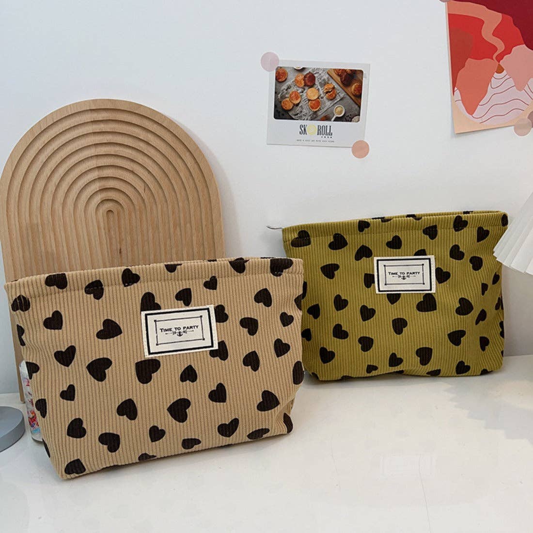 Cosbai - Corduroy Heart Pattern Toiletry Bag: YELLOW