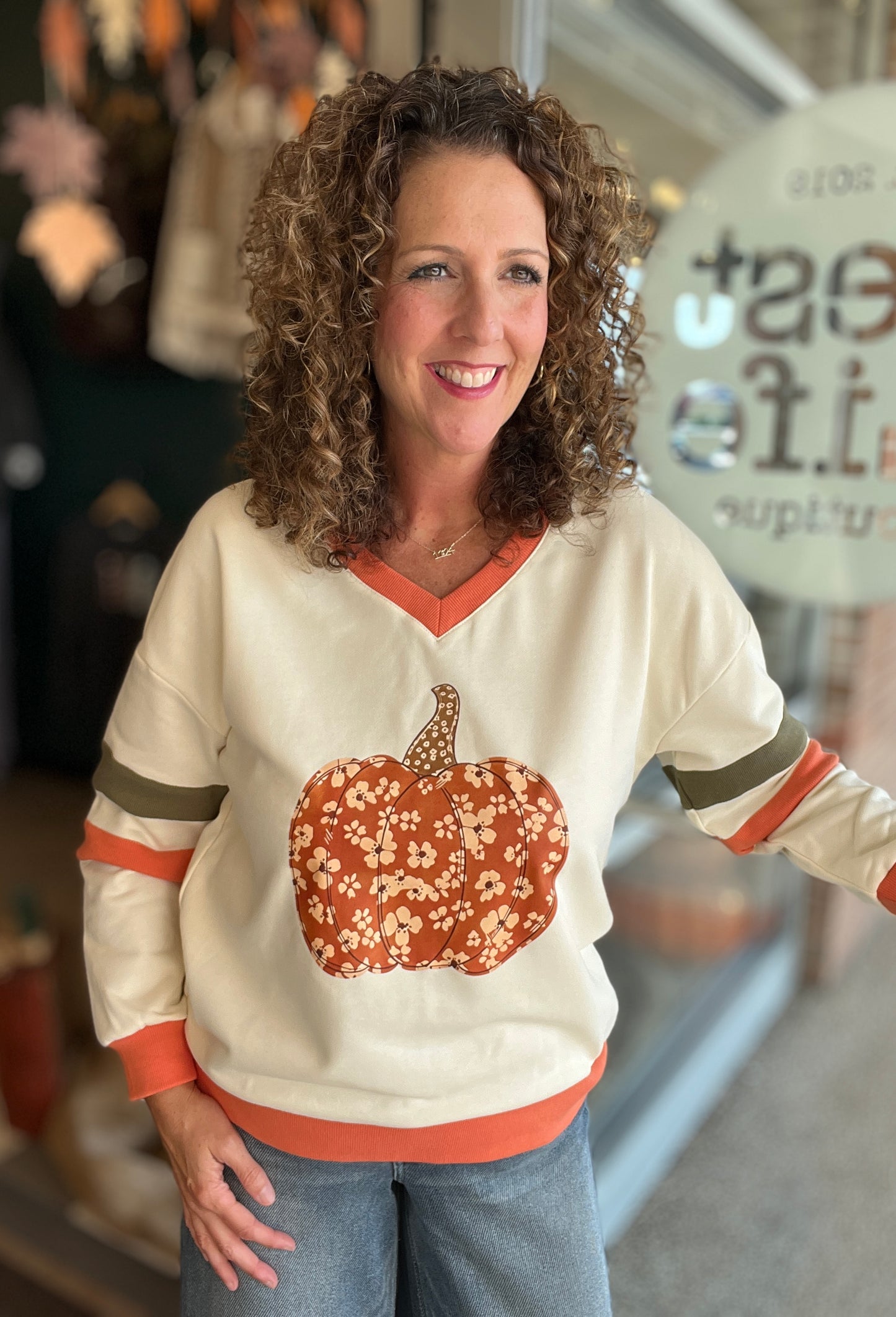 Floral Pumpkin V-Neck Sweatshirt