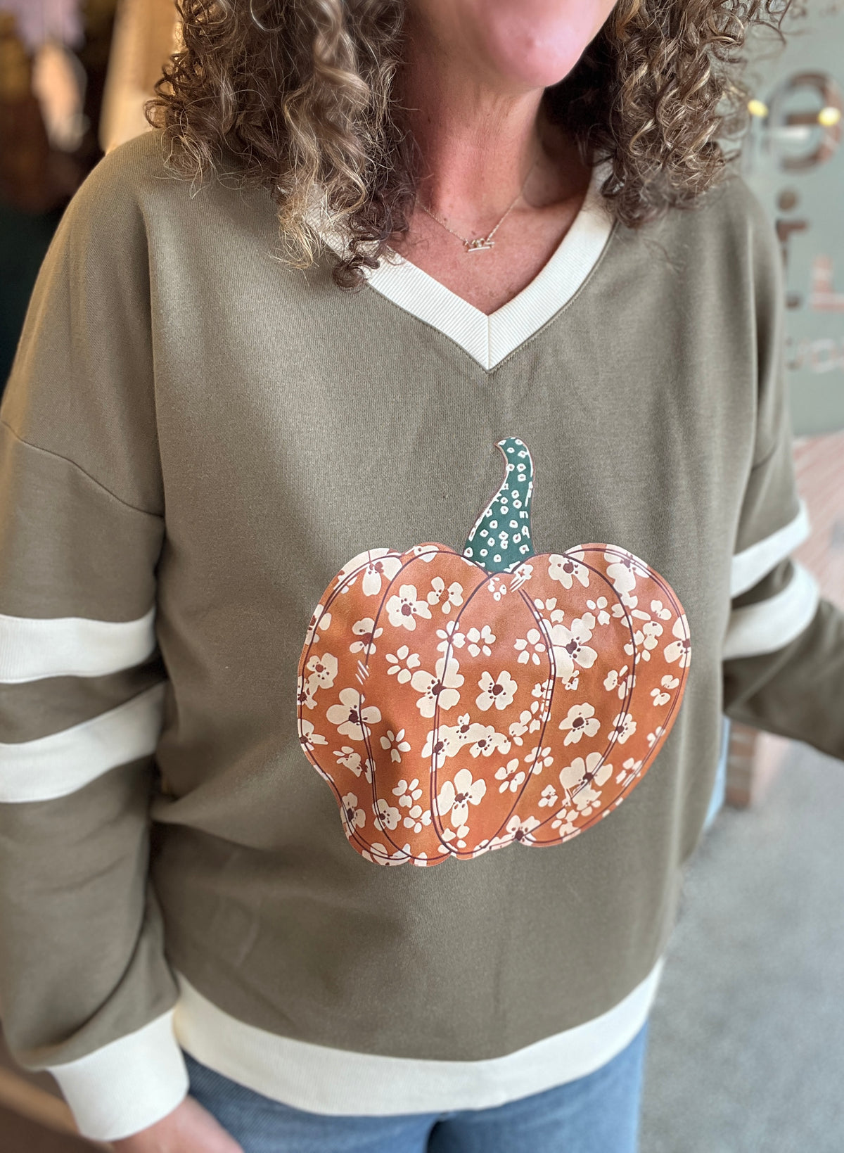Floral Pumpkin V-Neck Sweatshirt