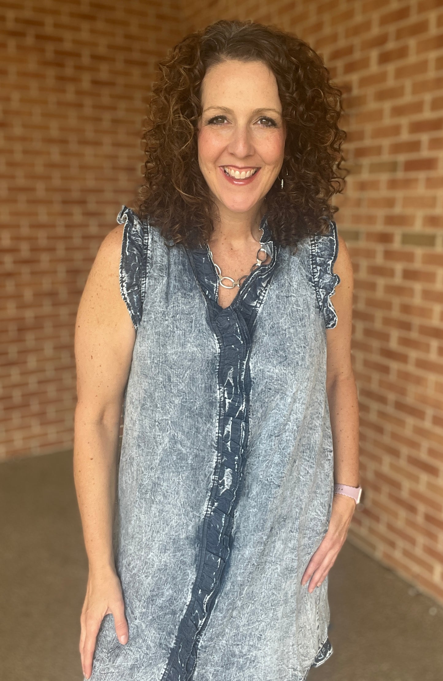 Washed Chambray Dress with Ruffle Details