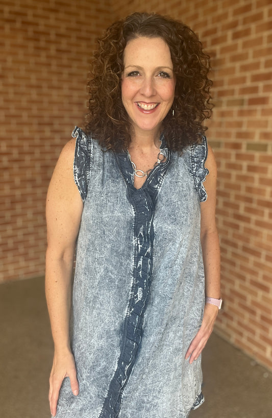 Washed Chambray Dress with Ruffle Details