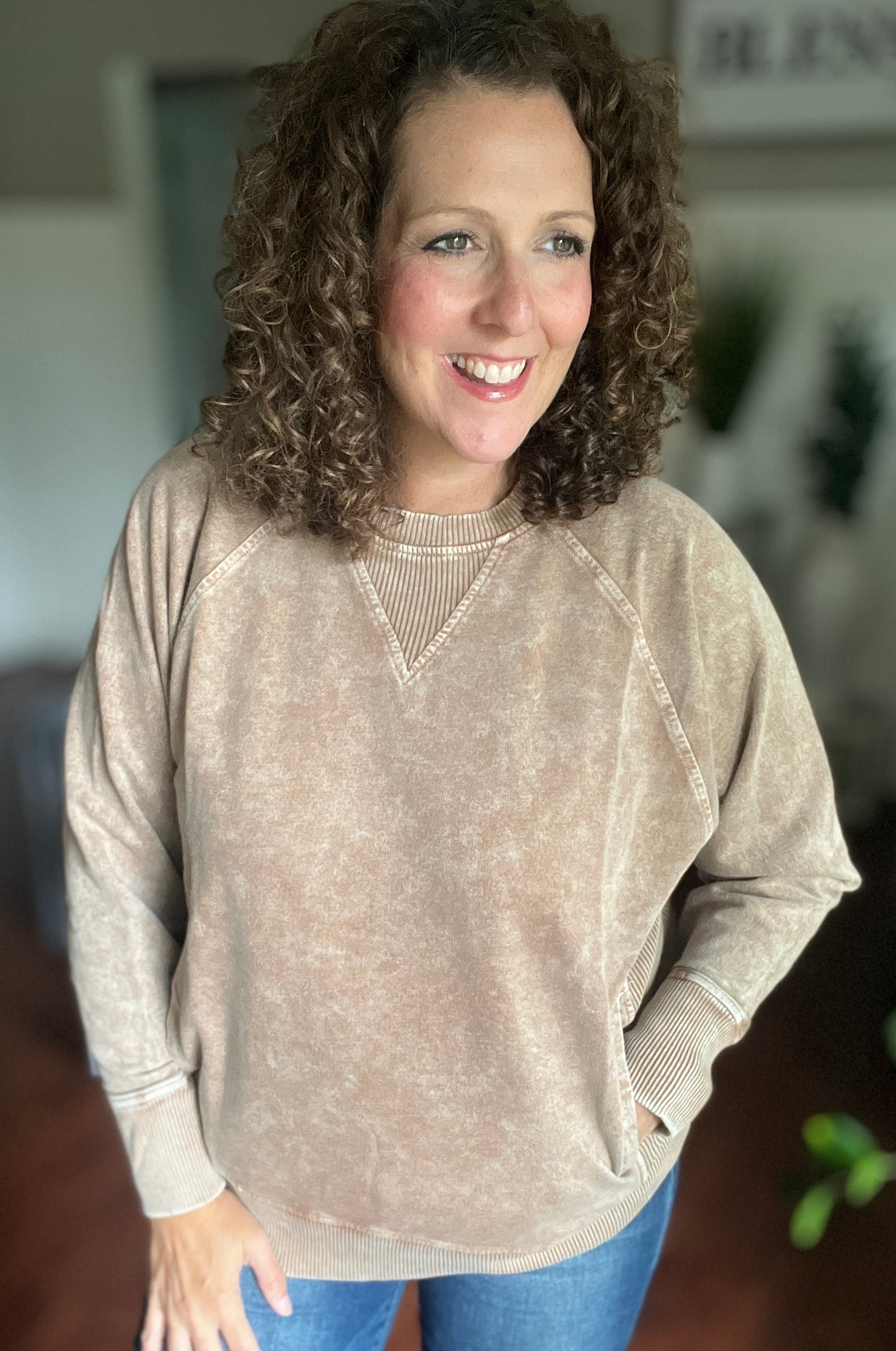 Acid Wash Sweatshirt with Ribbed Detail & Pockets