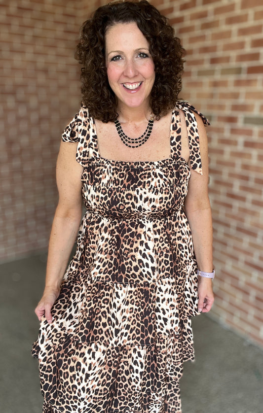 Tiered Leopard Dress with Tie Straps