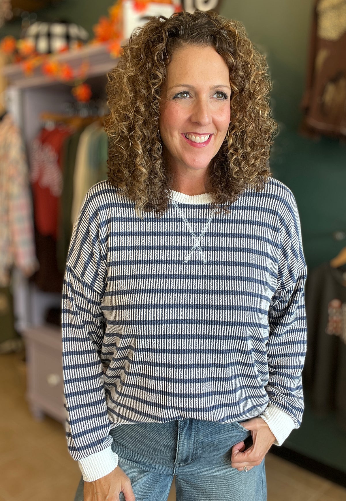 Corded Striped Top with White Trim