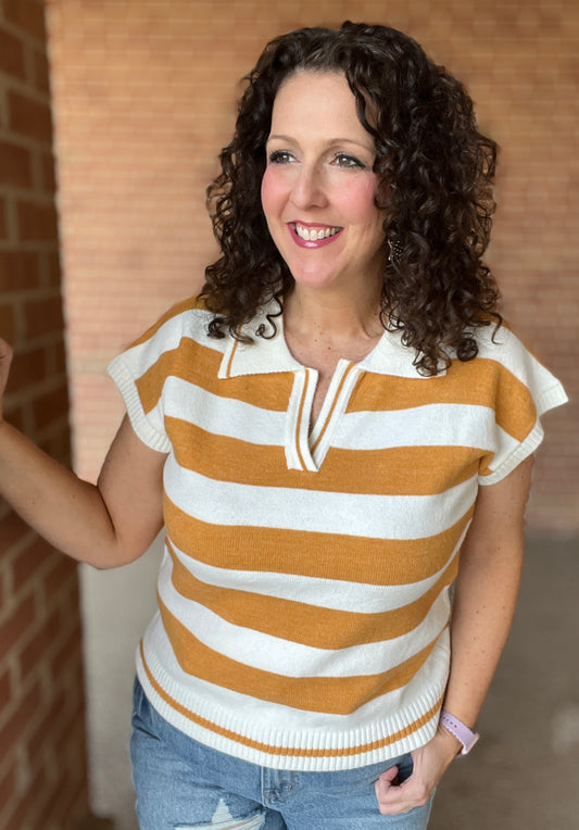 Striped Collared Cap Sleeve Sweater