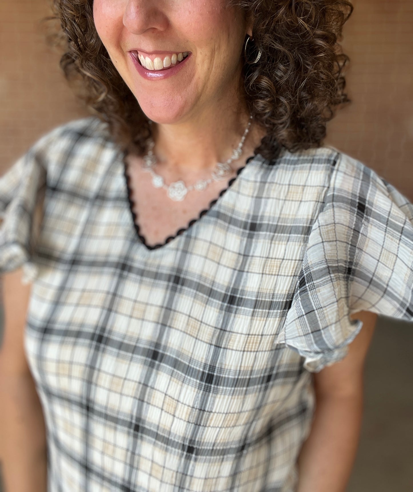 Neutral Plaid Top with Black Scalloped Trim