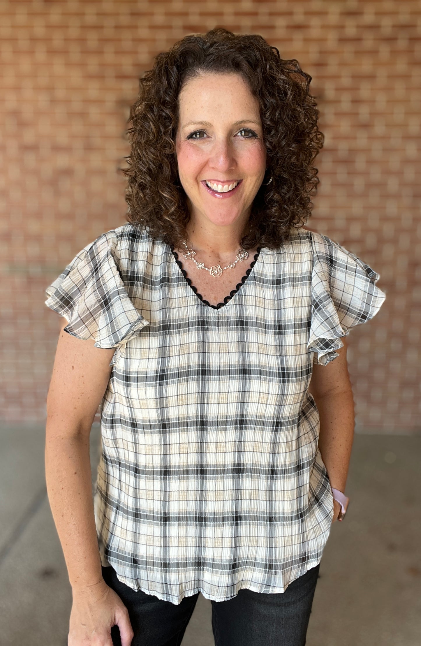 Neutral Plaid Top with Black Scalloped Trim