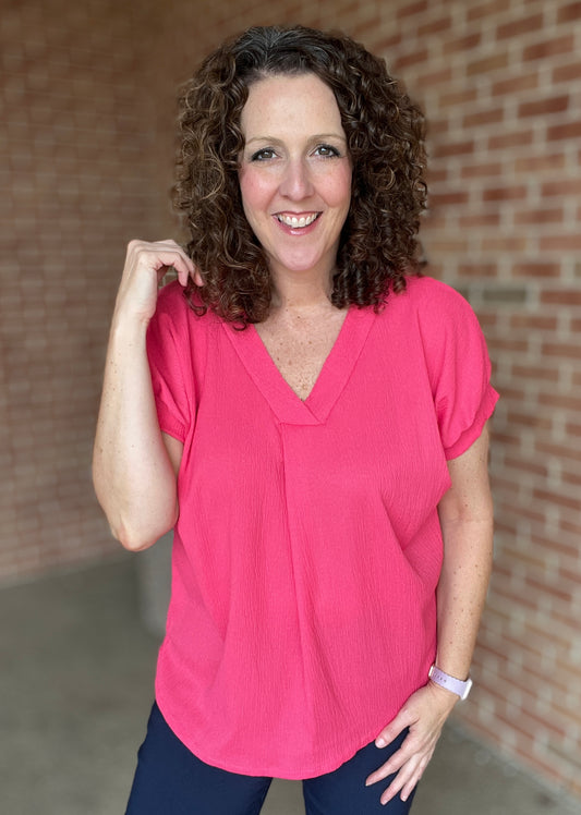 Textured V Neck Short Sleeve Top