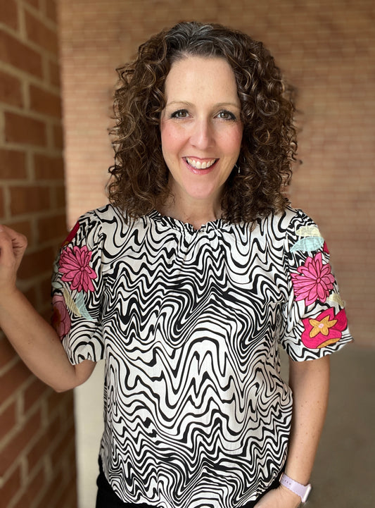 Printed Embroidered Sleeve Top
