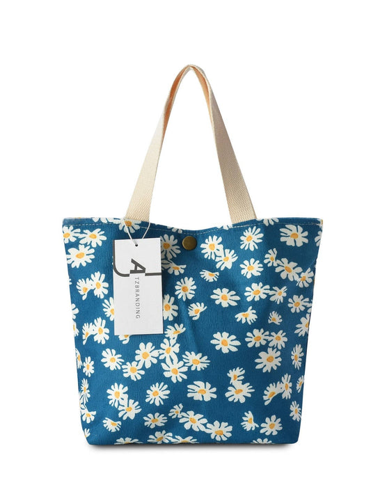 Cosbai - Vintage Artistic Floral Corduroy Tote: BLUE