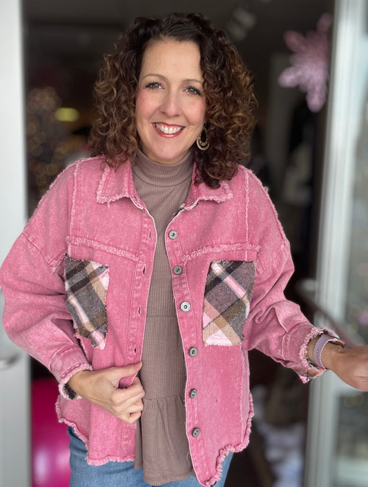 Washed Pink Denim Jacket with Plaid Pockets