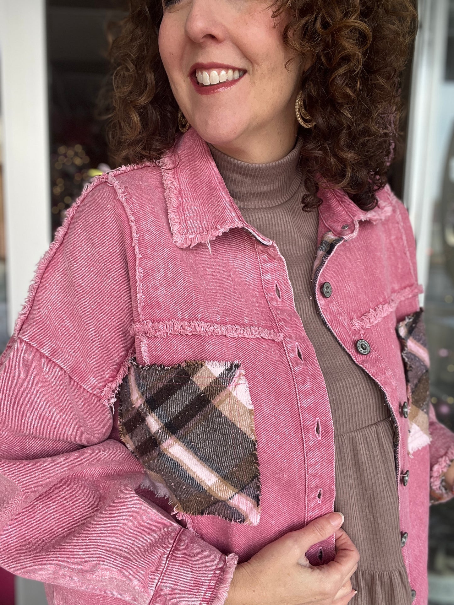 Washed Pink Denim Jacket with Plaid Pockets