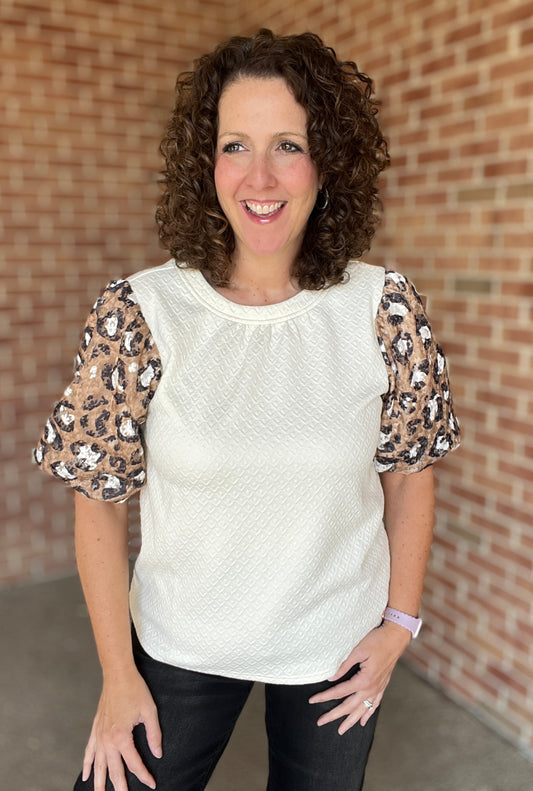 Leopard Lace Puff Sleeve Top