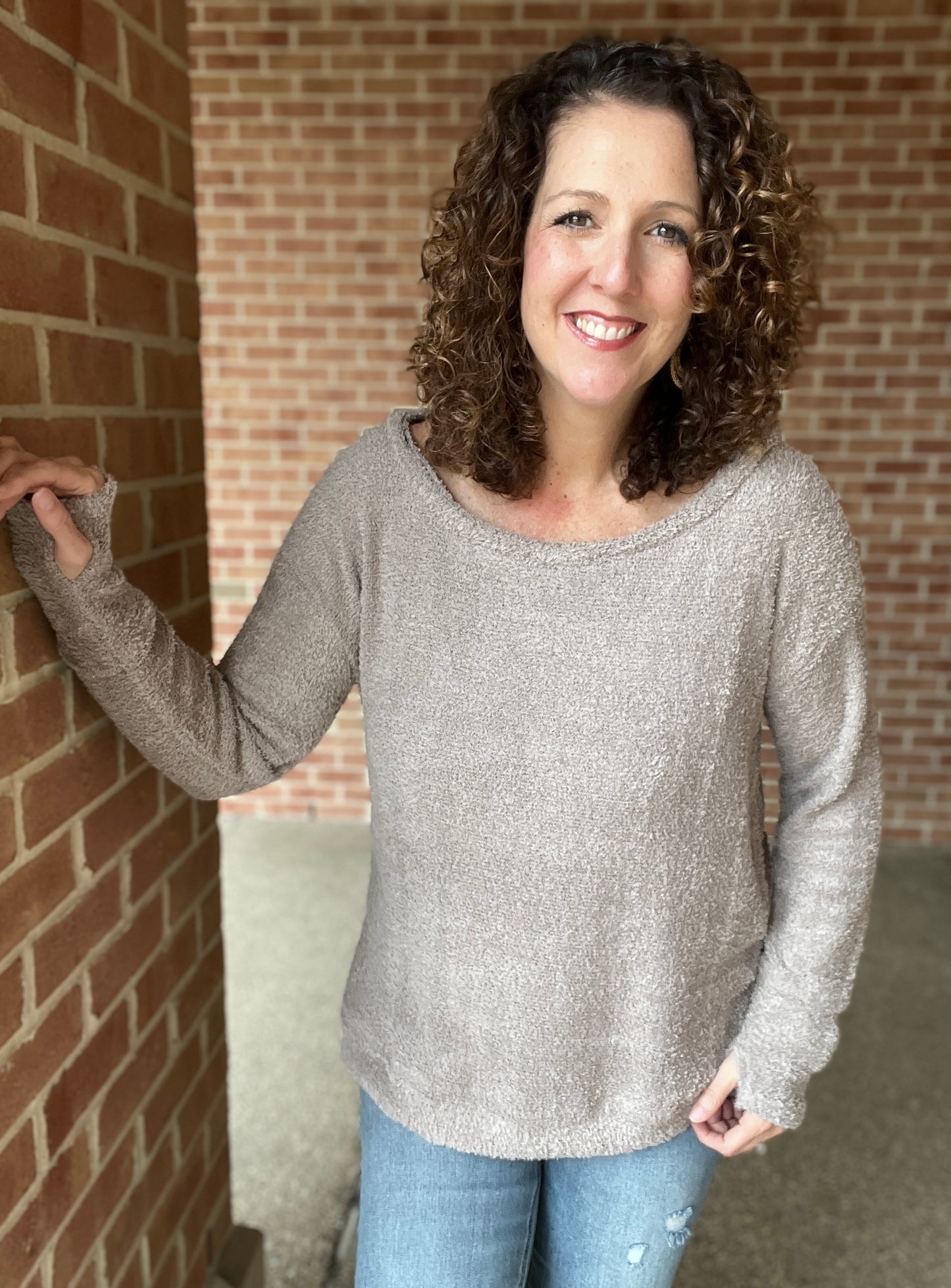 Plush Knit Crew Neck Top with Thumbholes