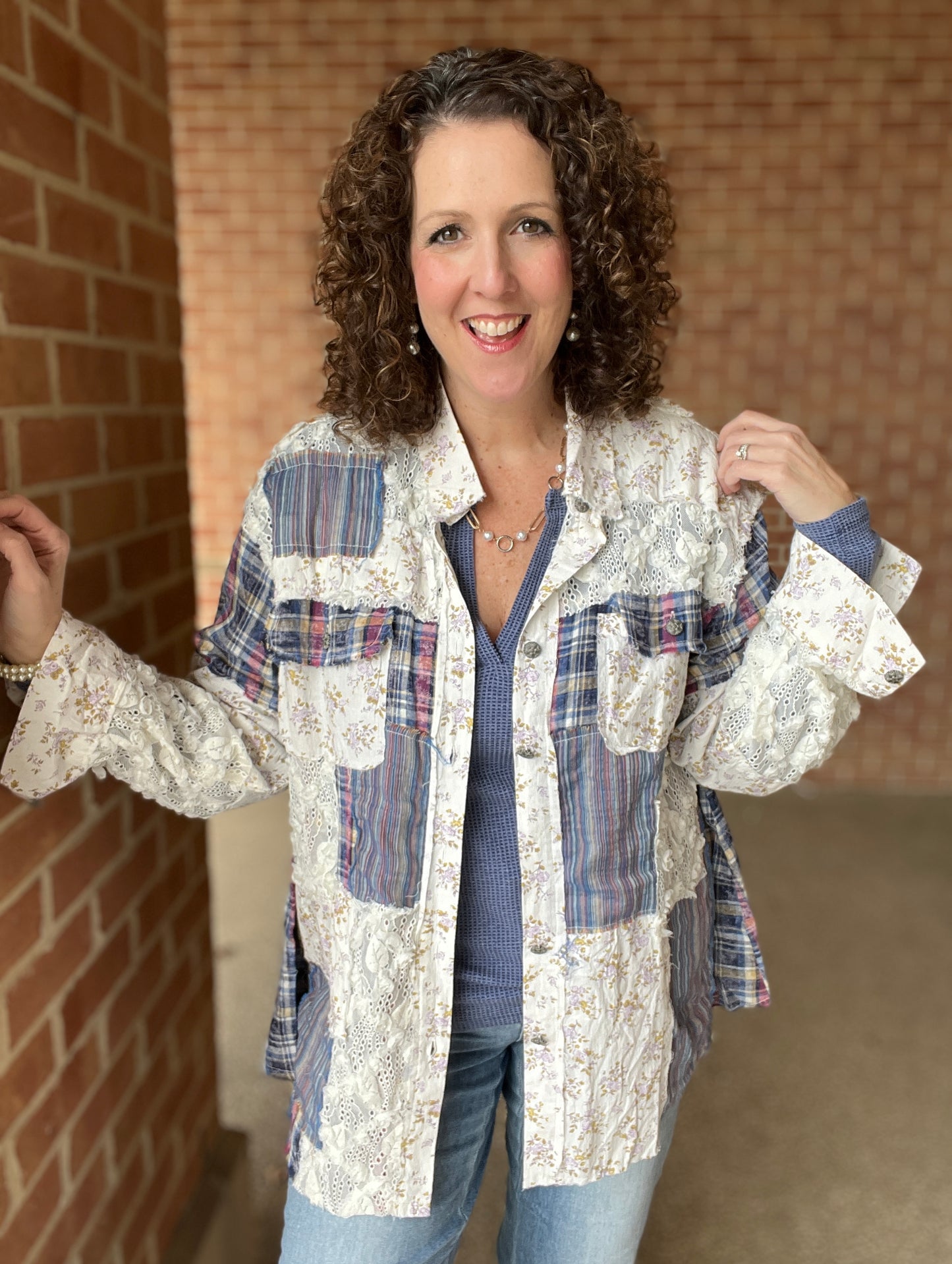 Patched Lace and Floral Button Down