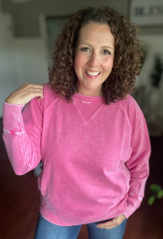 Acid Wash Sweatshirt with Ribbed Detail & Pockets