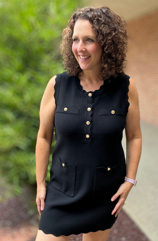 Scalloped Knit Dress with Gold Buttons
