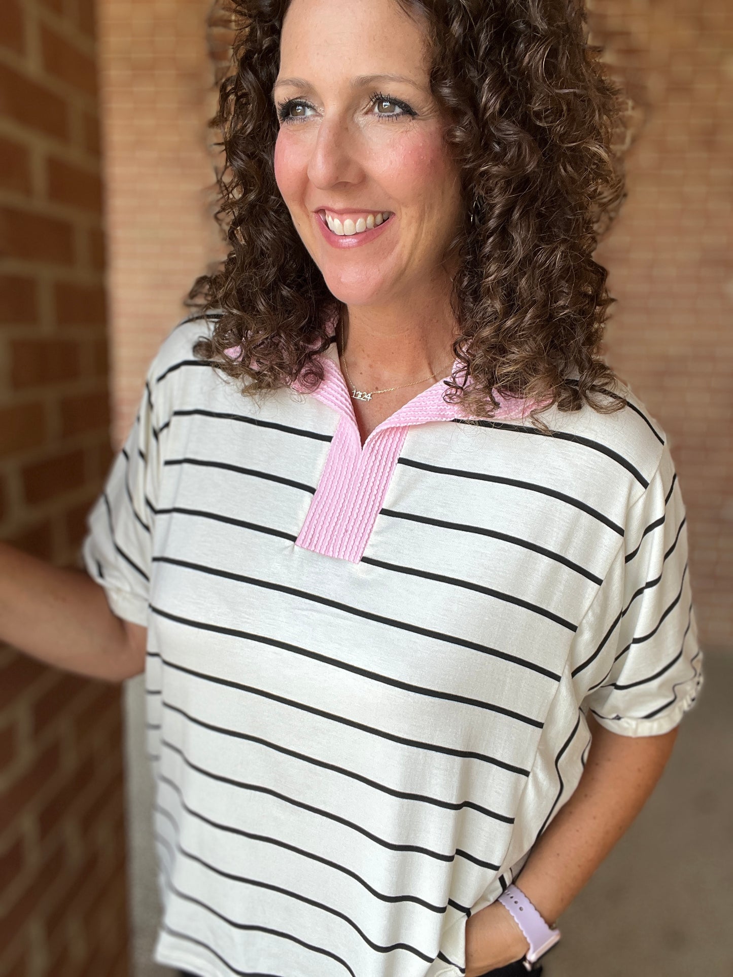 Striped Top with Corded Collar