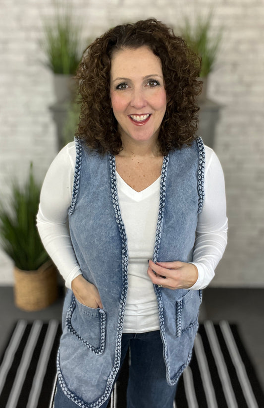Braided Edge Denim Vest