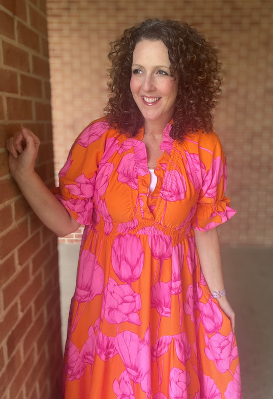 Bold Pink & Orange Floral Dress