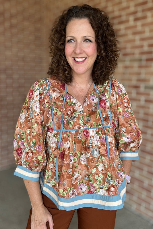 Floral Babydoll Top with Border Trim