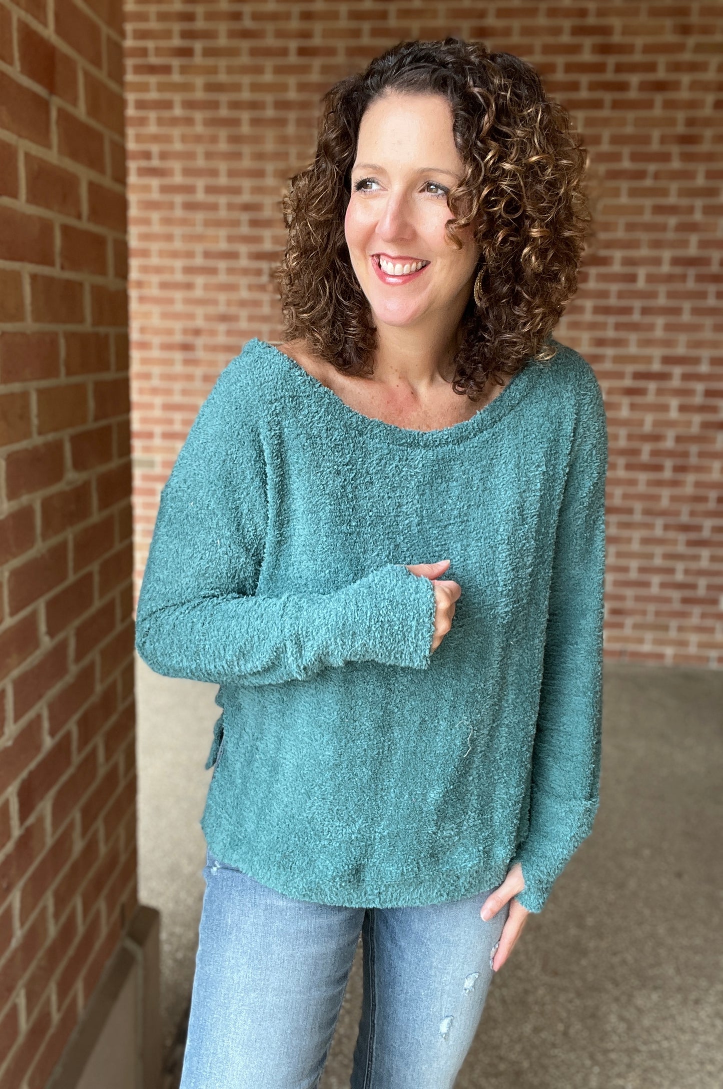 Plush Knit Crew Neck Top with Thumbholes