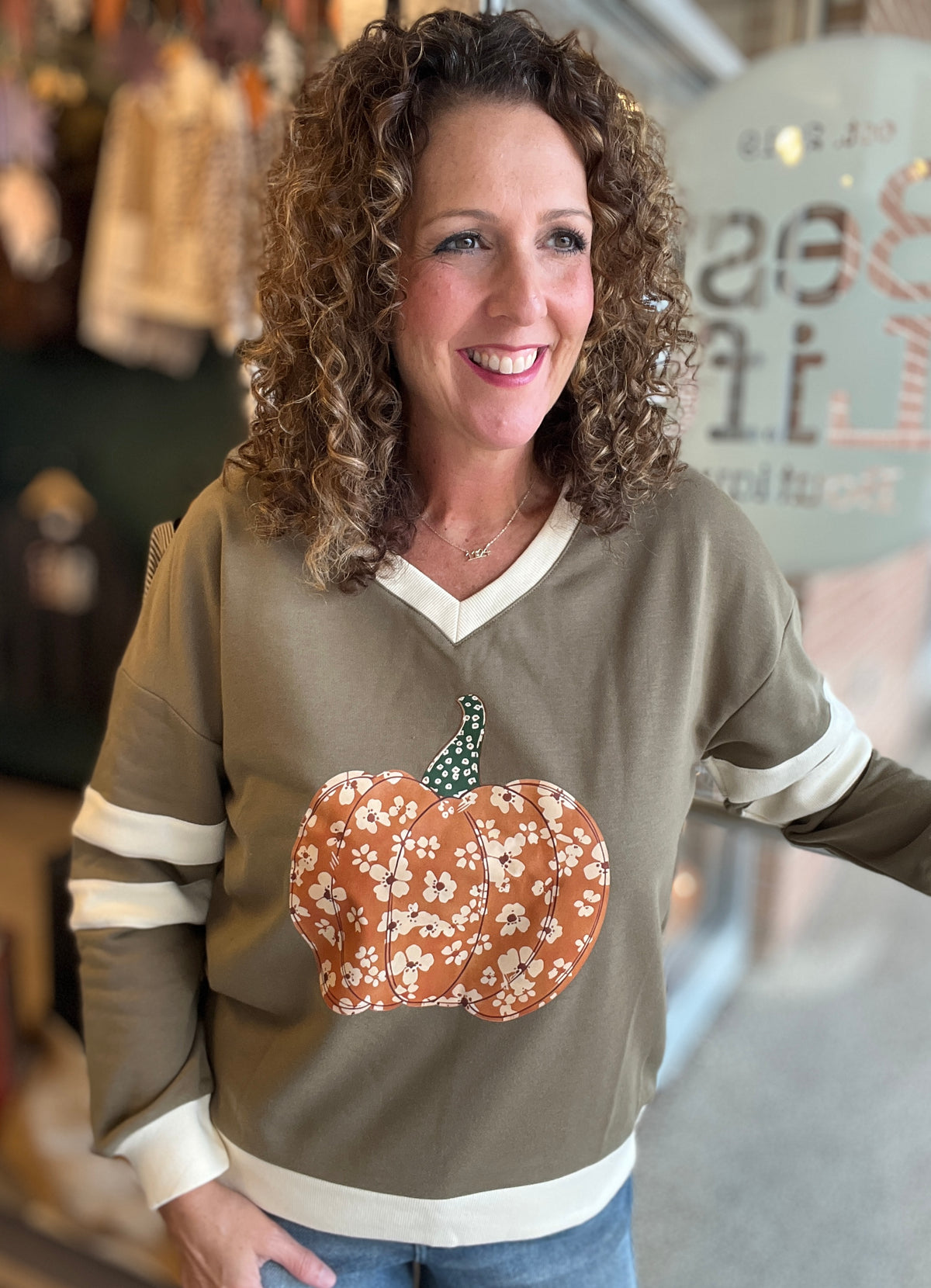 Floral Pumpkin V-Neck Sweatshirt