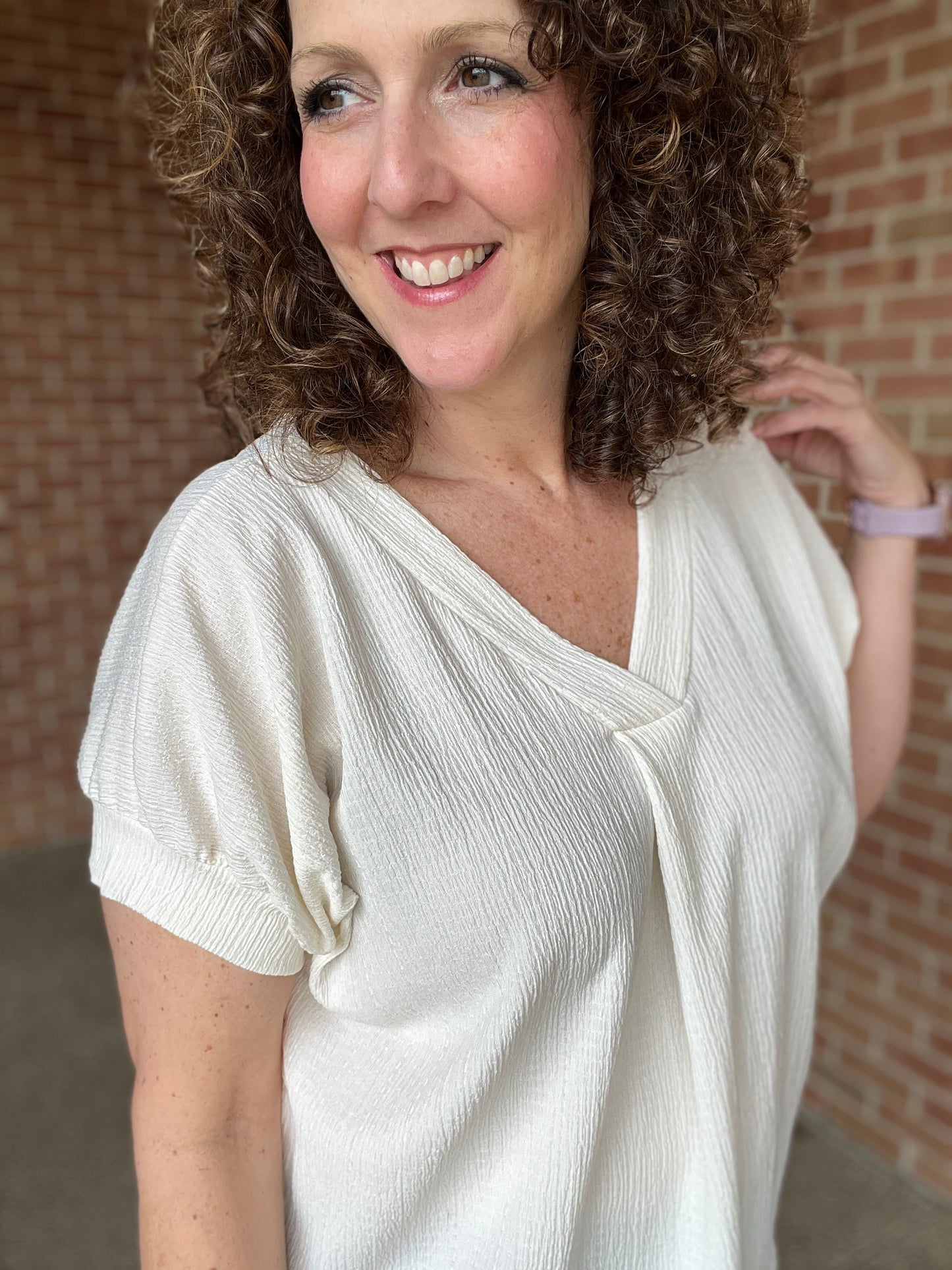 Textured V Neck Short Sleeve Top