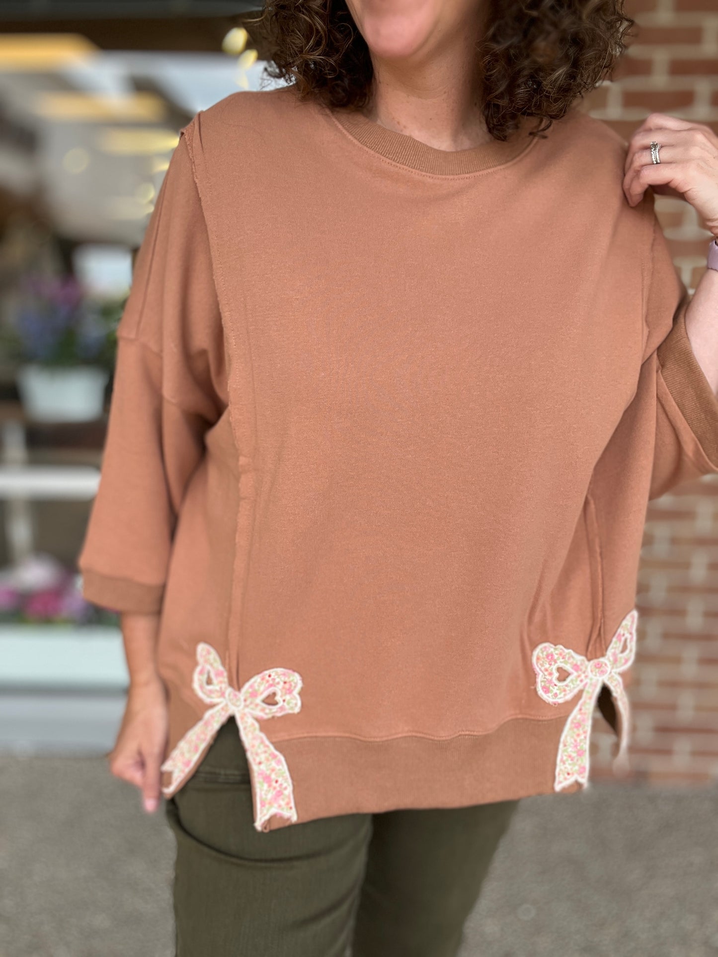 Appliqued Bow Top with 3/4 Sleeve