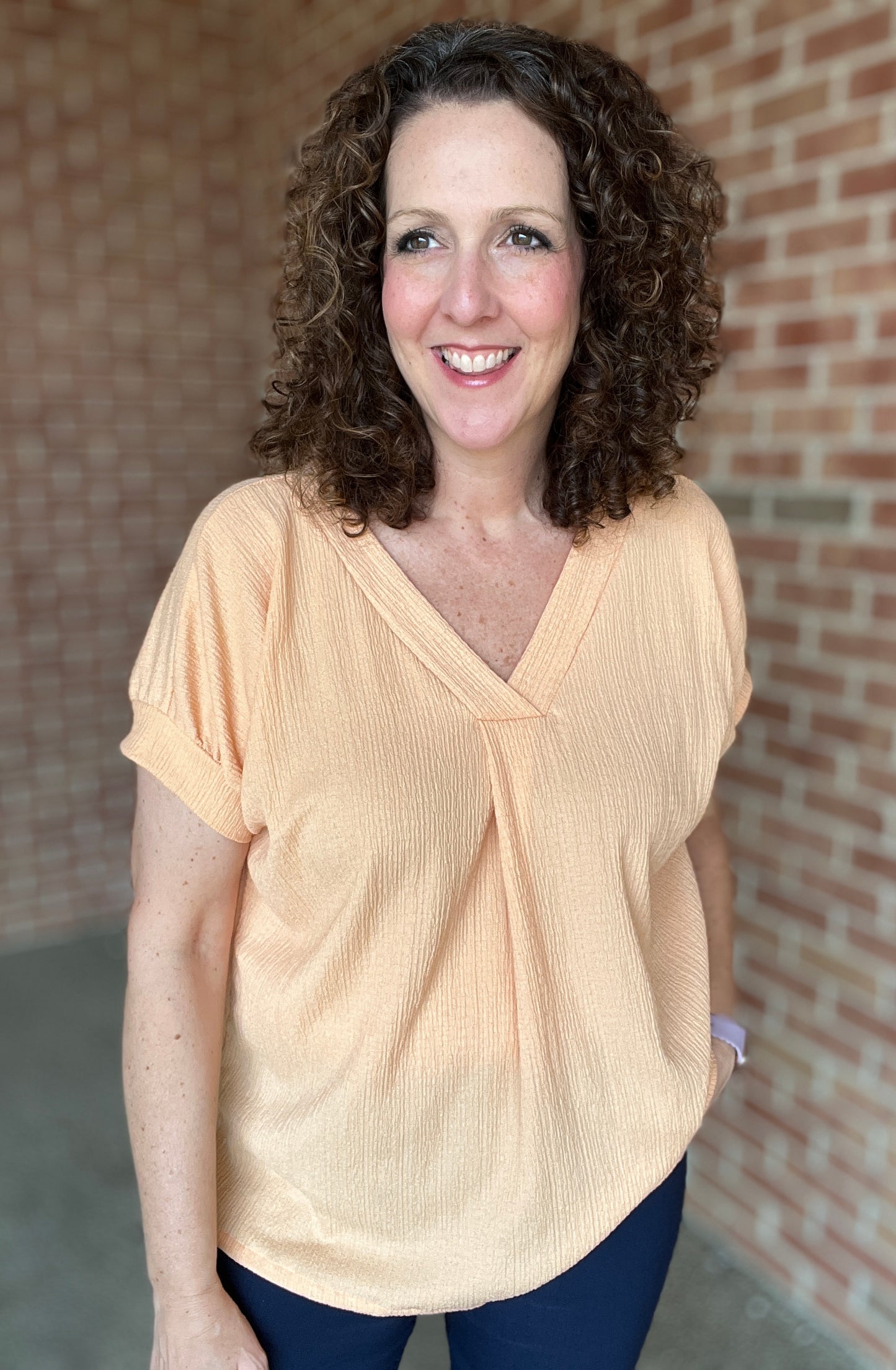 Textured V Neck Short Sleeve Top