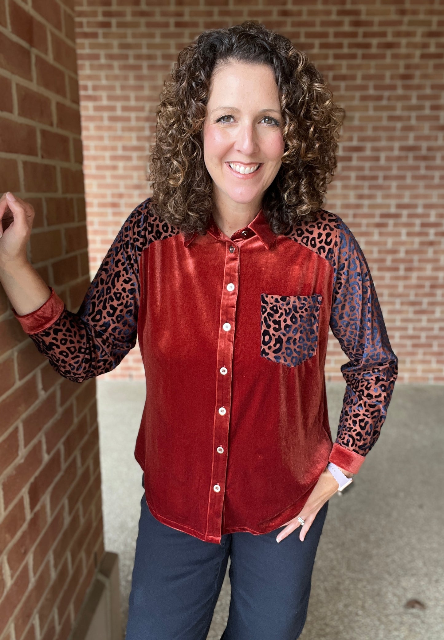 Velvet Button Down with Leopard Burnout Sleeves