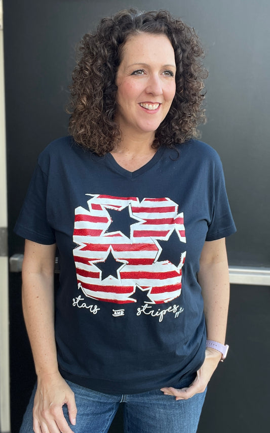 SPARKLY STARS & STRIPES V Neck Graphic Tee