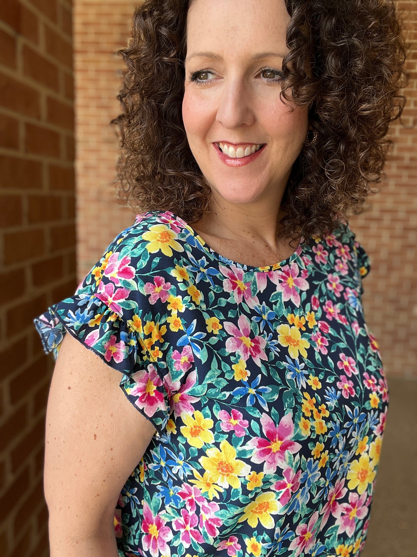 Navy Floral Ruffle Sleeve Top