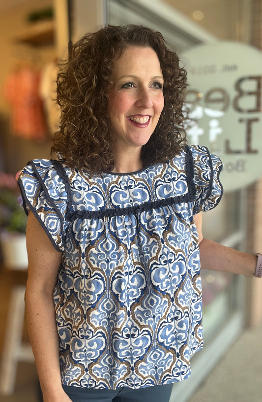 Navy Print Layered Ruffle Top