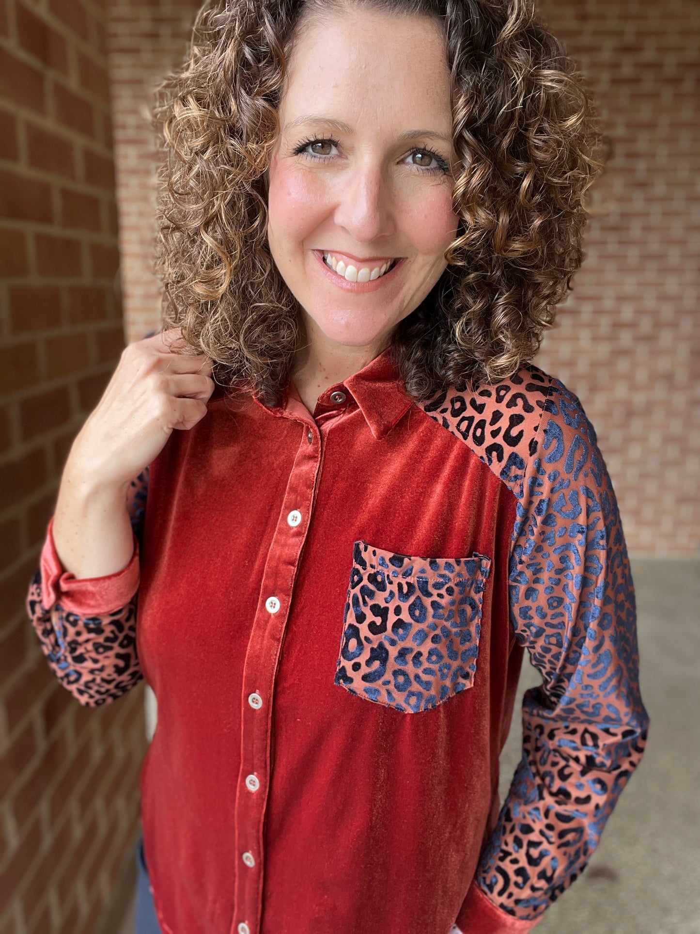 Velvet Button Down with Leopard Burnout Sleeves