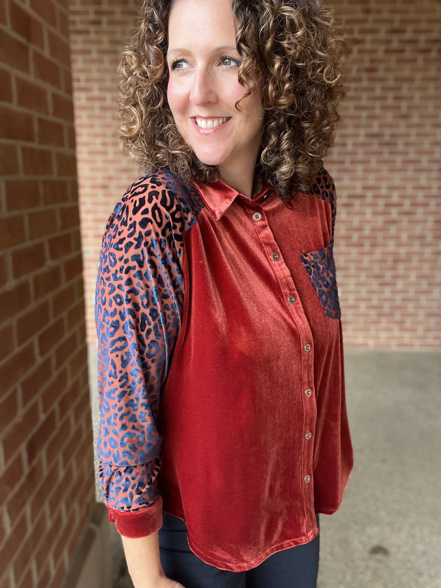 Velvet Button Down with Leopard Burnout Sleeves