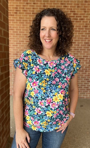 Navy Floral Ruffle Sleeve Top